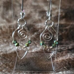 Silver Swirl Earrings with Green Accents